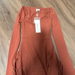 long sleeve a-line mini dress in brick Liora Lace Sleeve Satin A-Line Mini Dress main image 0